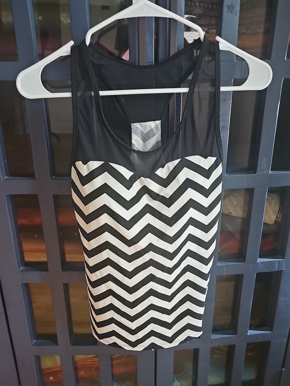 Women's Black & White Chevron Swim Tank Top - Mesh Yoke